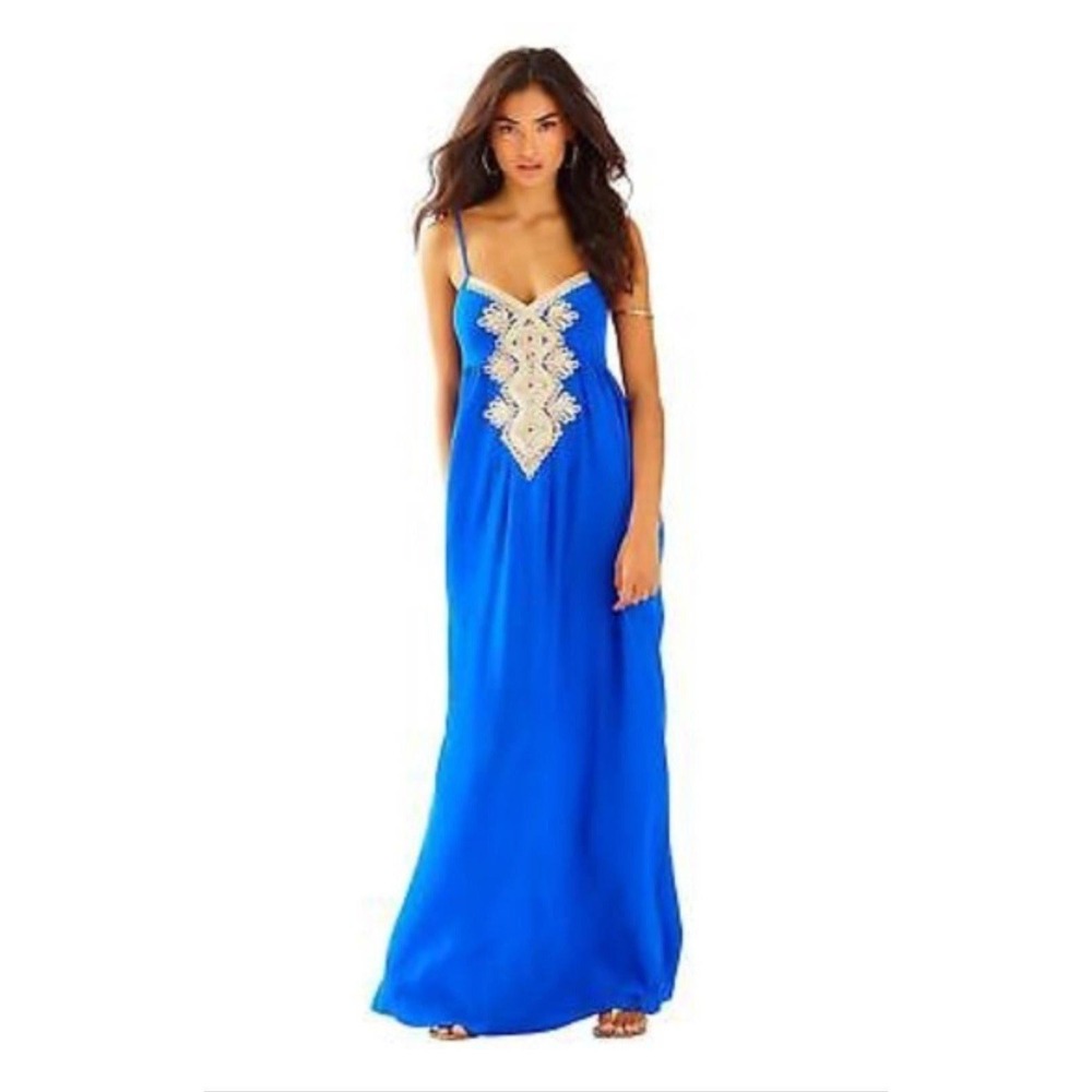 Lilly Pulitzer Blue Silk Maxi Dress Gold Soutache Embroidery Size 10 Boho Gown
